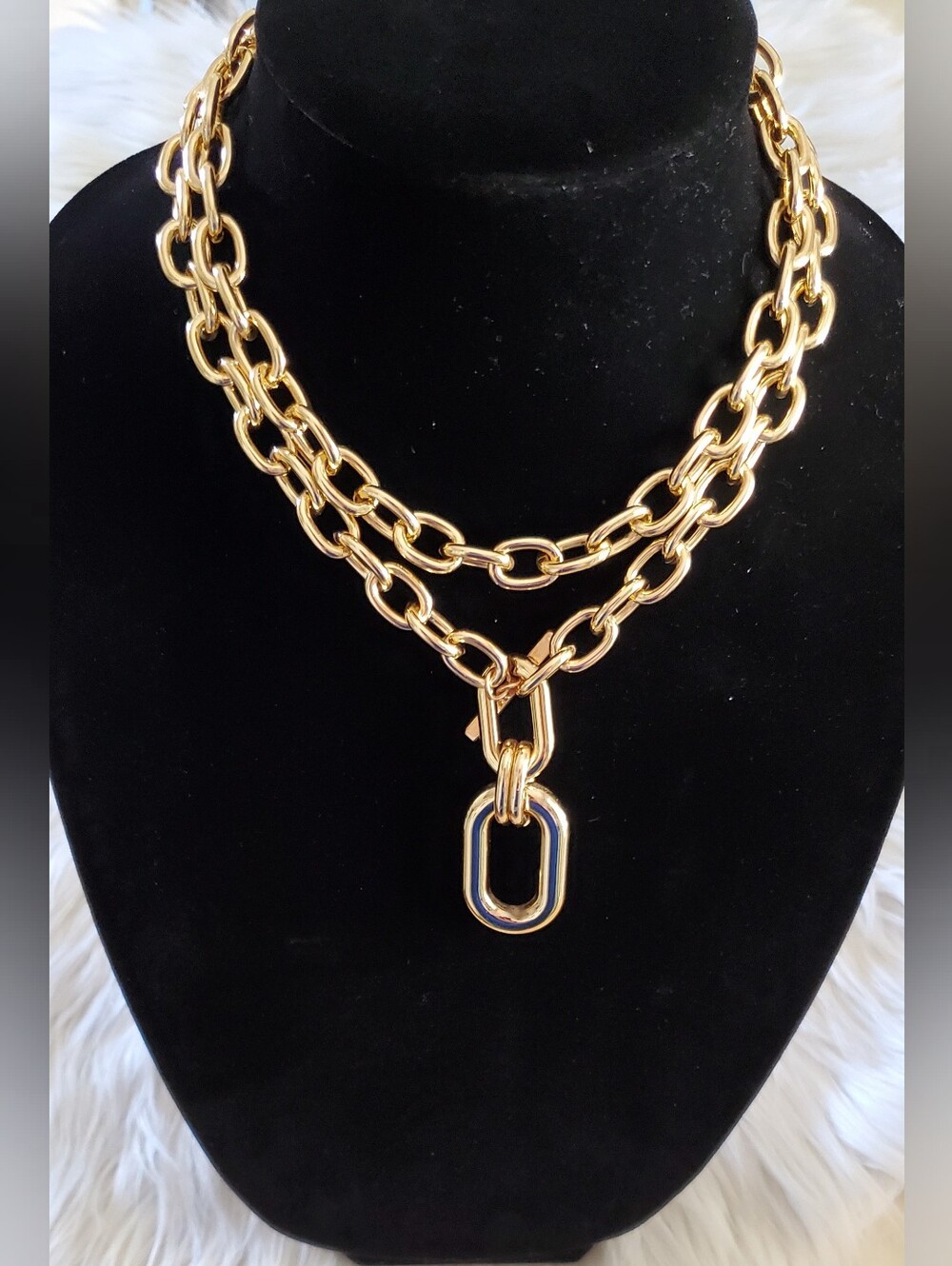 Double Strand Gold Tone Chain Link Statement Pendant Necklace Lightweight New